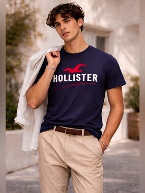 HOLLISTER California Logo Navy Graphic Tee Red Embroidery Classic Fit Sz M Y2K